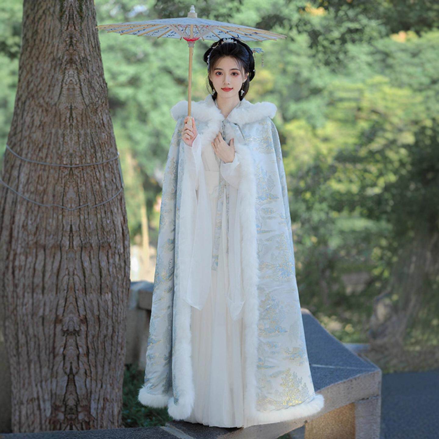 斗篷汉服大氅女春连帽毛领加绒