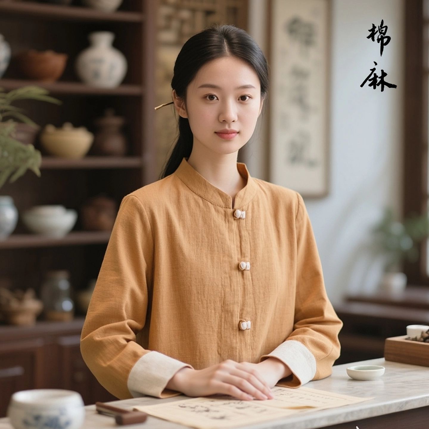 高端中医馆工作服新中式挽袖棉麻