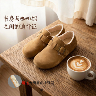 松弛感博肯鞋 「3cm真皮羊羔绒」复古全包一脚蹬冬季 女 加绒勃肯鞋