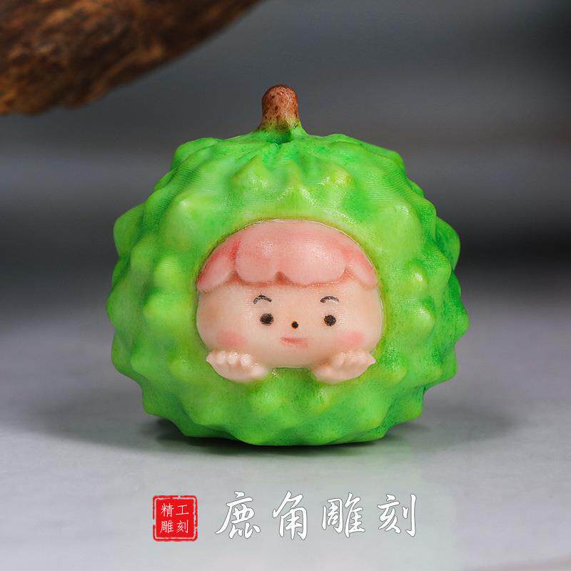 鹿角根付雕刻饰品榴莲妹吊坠挂件钥匙扣水果娃娃手工项链材料