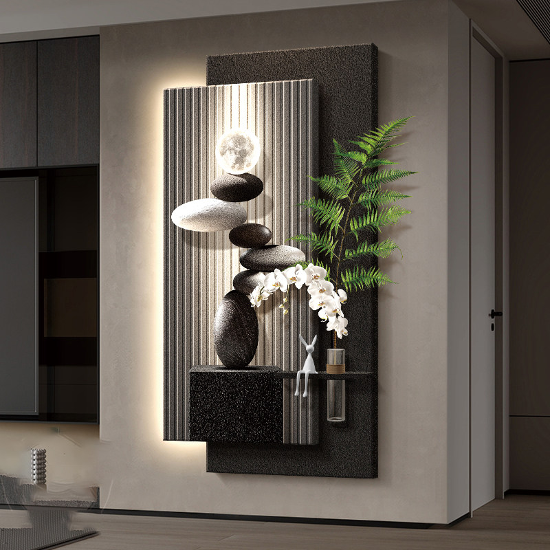 现代轻奢玄关装饰画石来运转走廊过道挂画高级感水培绿植入户壁画