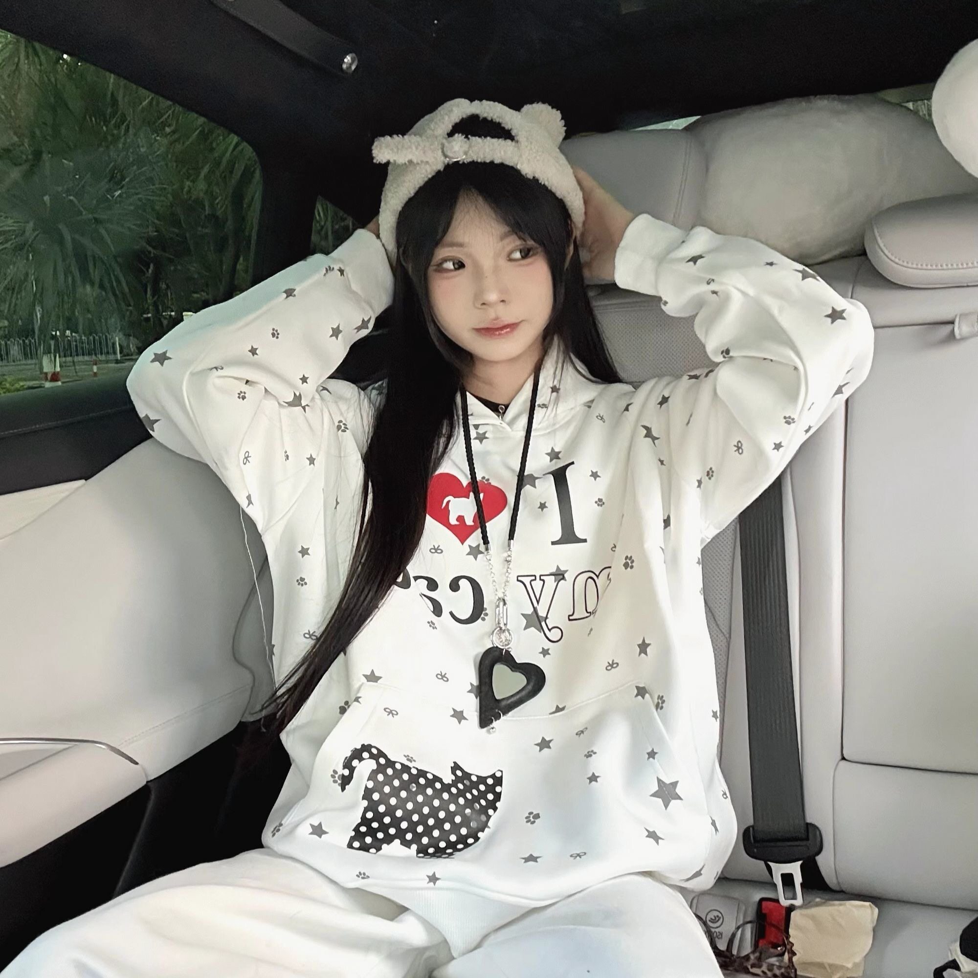 甜辣个性星星满印连帽卫衣女秋冬款银狐绒宽松百搭慵懒风外套上衣