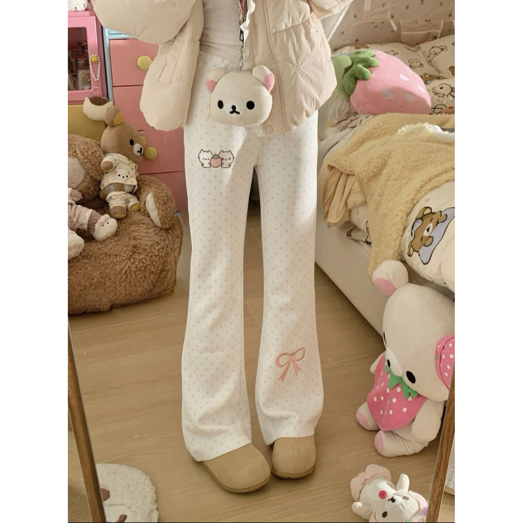 宅萌可爱波点草莓小猫刺绣喇叭裤秋冬款加绒百搭显瘦软妹休闲长裤,女装/女士精品,休闲裤,淘宝优惠券,粉丝福利购,淘宝优惠卷