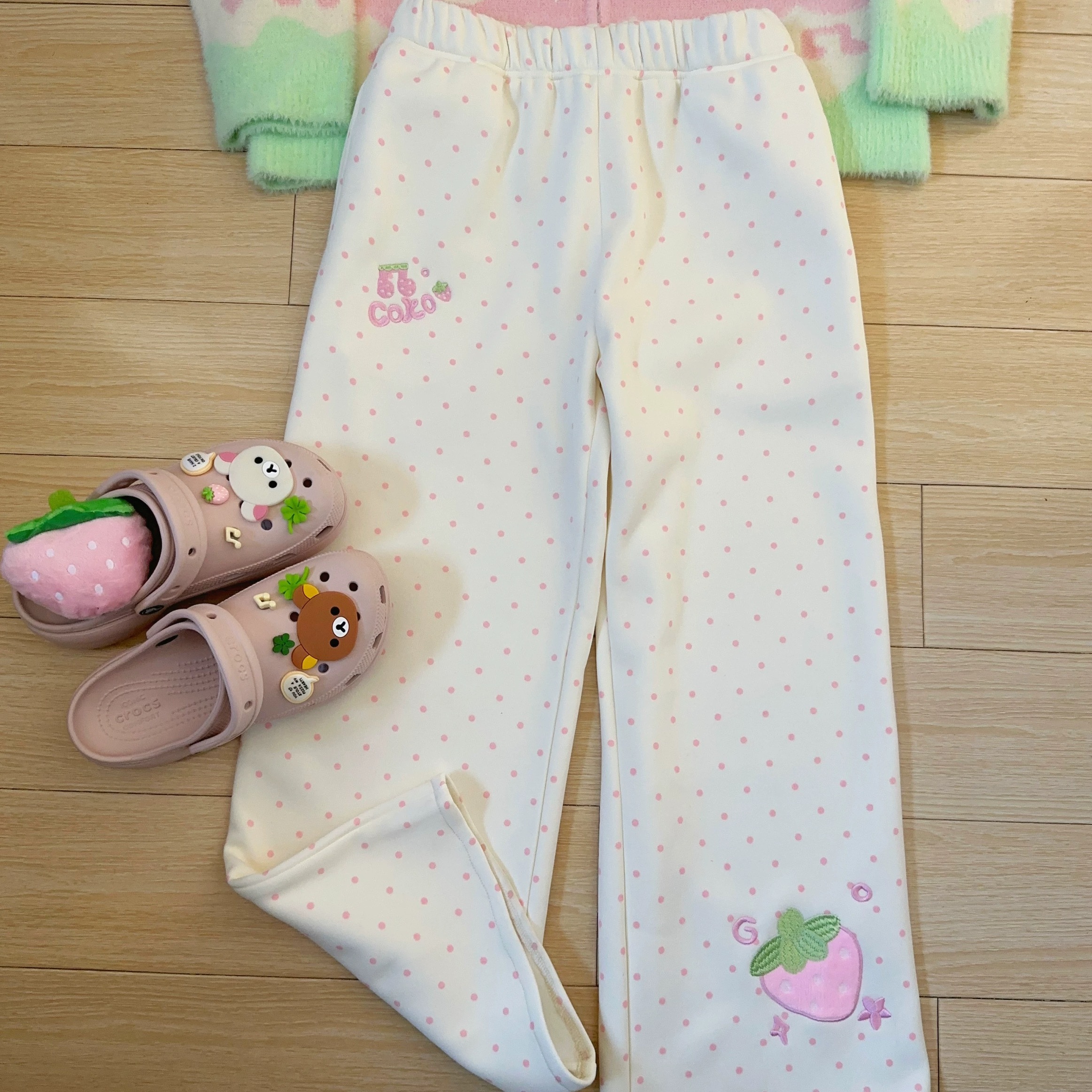 粉色波点休闲直筒裤女