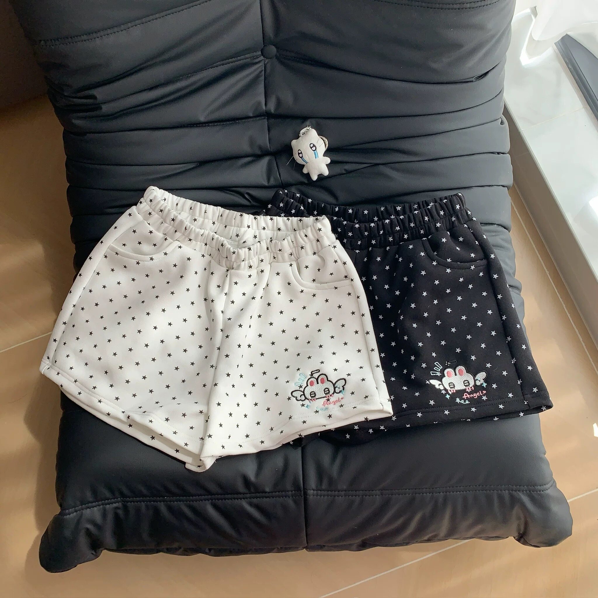 运动短裤女宽松ins星星印花天使猫咪刺绣休闲三分裤阔腿百搭热裤