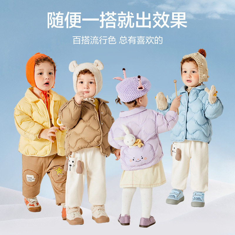 宝宝轻薄羽绒服男童冬季保暖2023新款女童短款外套儿童造型口袋萌