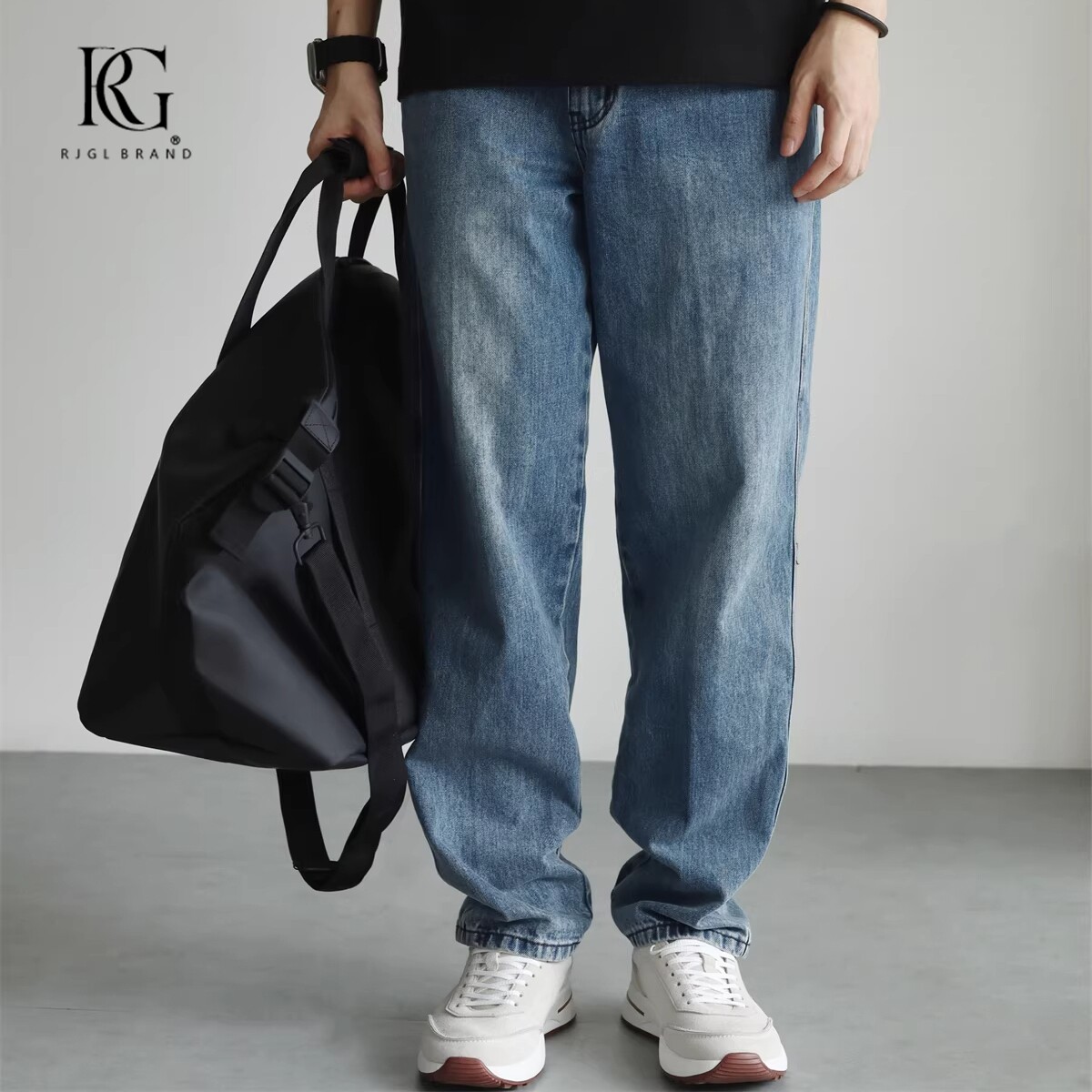 RJGL日系浅蓝水洗牛仔裤男士时尚宽松微锥休闲长裤复古廓形直筒裤