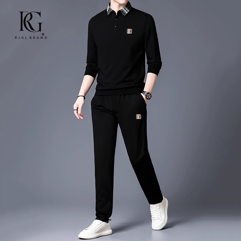 RJGL春季新款运动通勤风男士套装翻领POLO衫休闲帅气黑色两件套