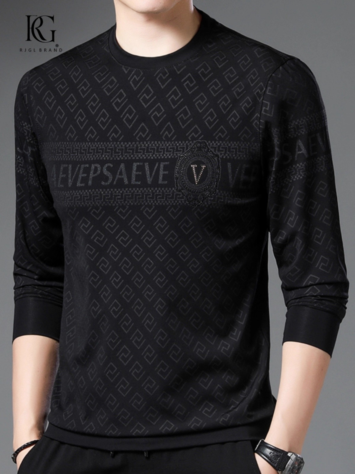 RJGL高端男士卫衣秋冬款圆领中年加绒加厚打底衫潮流印花长袖T恤