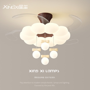 风扇灯中古风新中式胡桃木原木花灯餐厅隐形扇吊灯朵卧室电扇一体