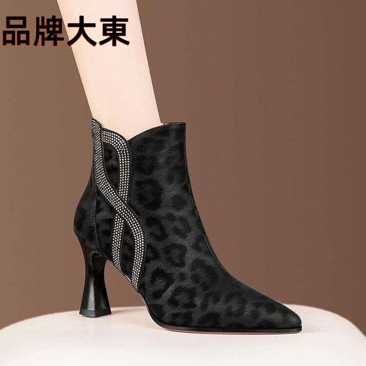 真皮豹纹短靴女尖头高跟时装靴