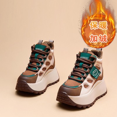 卡迪高真皮高帮鞋女2025秋冬加绒