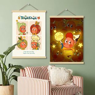 星星人可爱卡通潮玩治愈系插画实木挂轴画房间门上墙壁装饰挂画