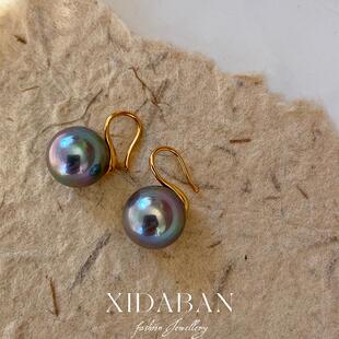 西大班极光伴彩人造大溪地孔雀绿珍珠高跟鞋耳钩高级感s925银耳钉