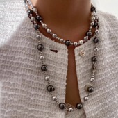 西大班倪妮同款 大溪地黑真多麻灰澳白混彩长款 毛衣链施家珍珠项链