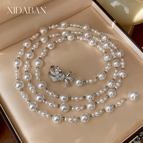 西大班澳白蝴蝶结多戴珍珠毛衣链