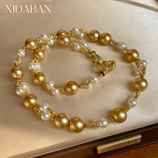 秋冬新款渐变大小珍珠项链法式轻奢复古不规则双层编织串珠锁骨链