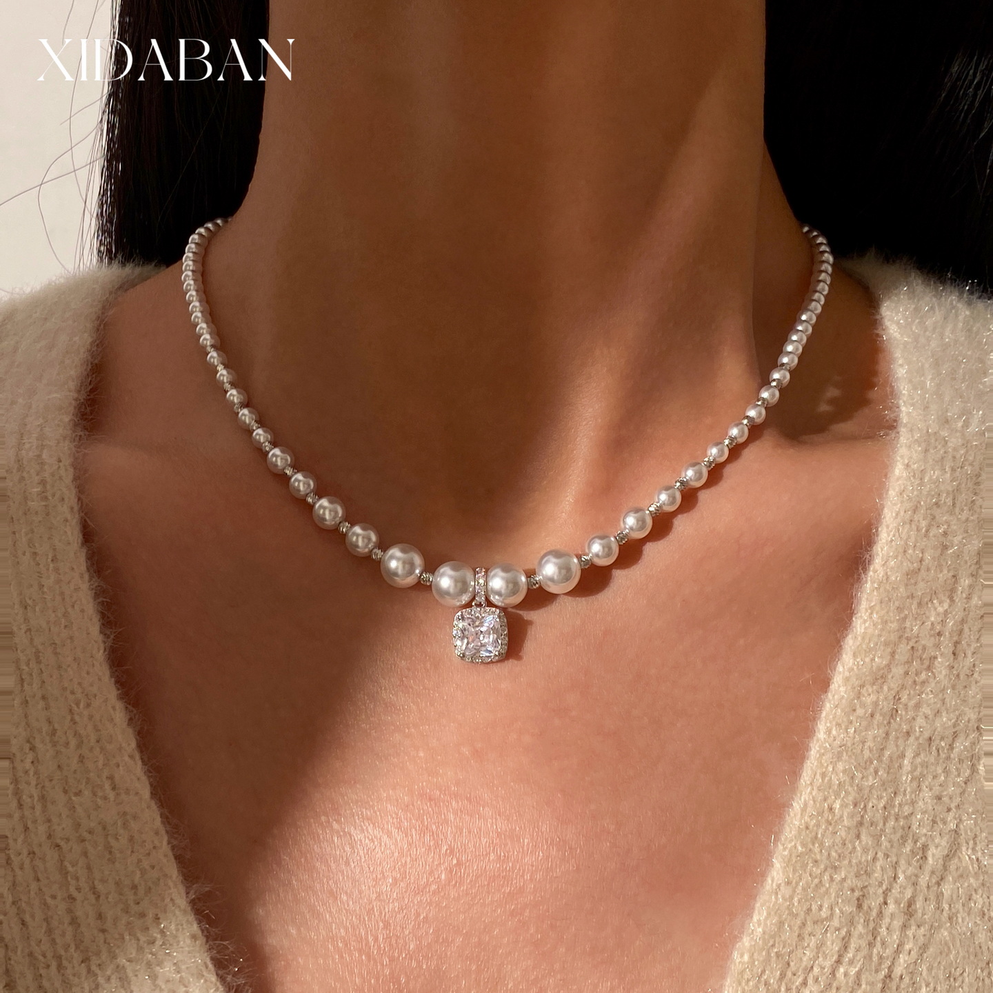 西大班通体银方糖吊坠灰珍珠项链