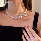 法式 蝴蝶结丝带澳白珍珠项链轻奢高级天女Akoya满钻缠绕吊坠颈链