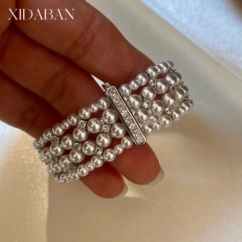 西大班澳白珍珠手链叠戴镶钻手镯