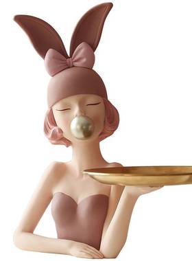 摩登少女入户电视柜玄关钥匙收纳摆件客厅轻奢托盘家居好物装饰品