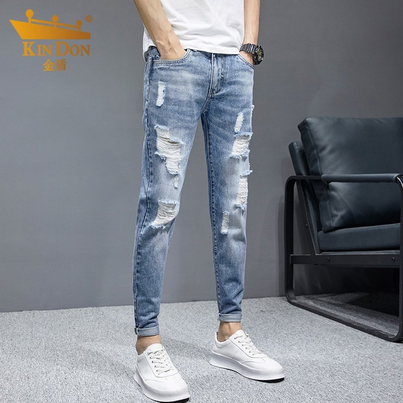 KINDON金盾819九分#新款男士破洞牛仔裤蓝灰色修身小脚九分裤#日