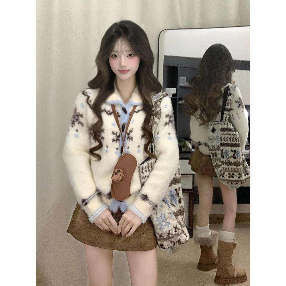 费尔岛雪花撞色高级感针织开衫女设计感气质慵懒软糯毛衣外套秋冬