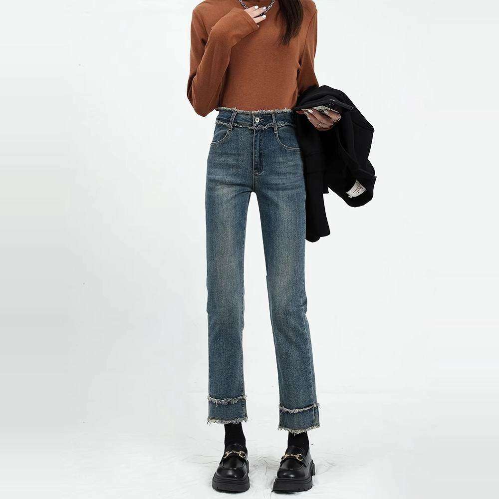 设计感毛边直筒牛仔裤女2025年早秋加绒高腰显高显瘦复古烟管裤