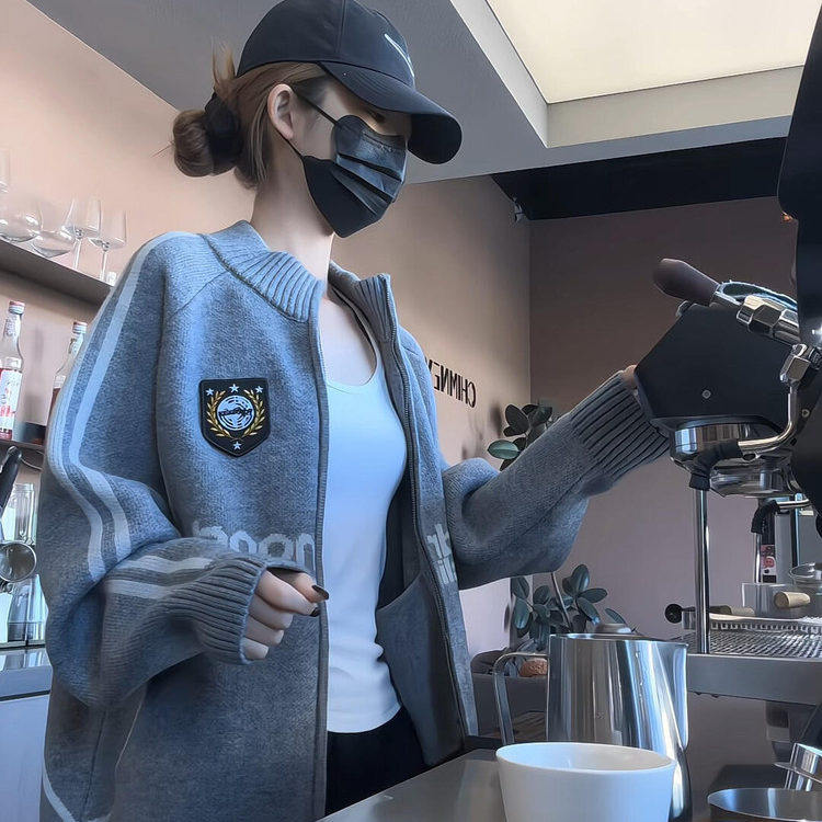 美式复古拉链立领开衫毛衣女秋冬慵懒风宽松外穿内搭针织外套上衣