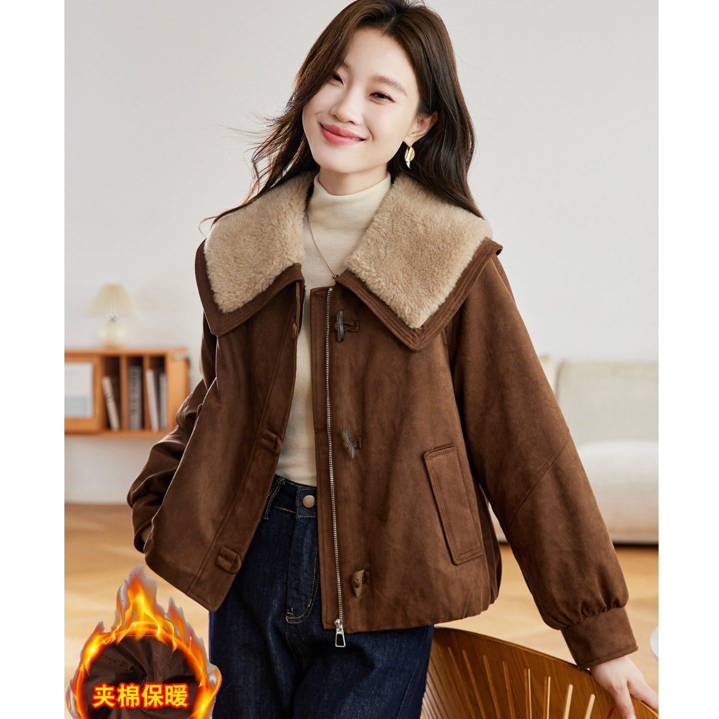 2025冬季新款牛角扣小仙女棉衣棉服小香风娃娃领夹棉鹿皮绒短外套