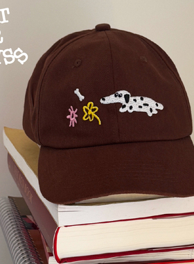 HIT OR MISS小狗散步棒球帽 软顶刺绣大头围可爱弯檐棕色鸭舌帽