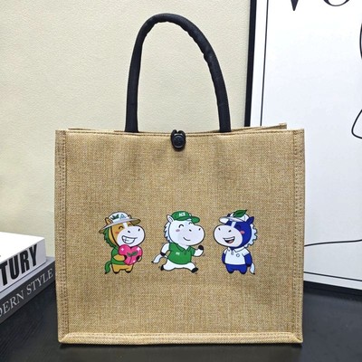 2026马年新款手提袋女大容量时尚印花上班通勤亚麻包包手拎托特包