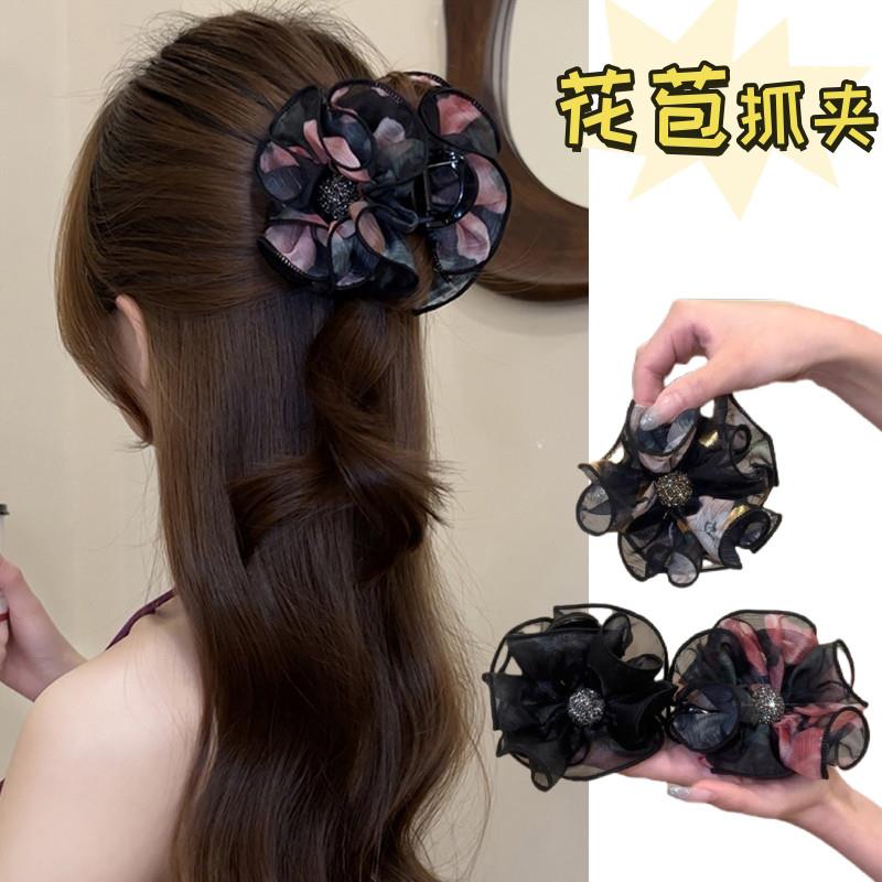 新款气质网纱花苞抓夹发量少中号盘发鲨鱼夹优雅半扎发夹女高级感