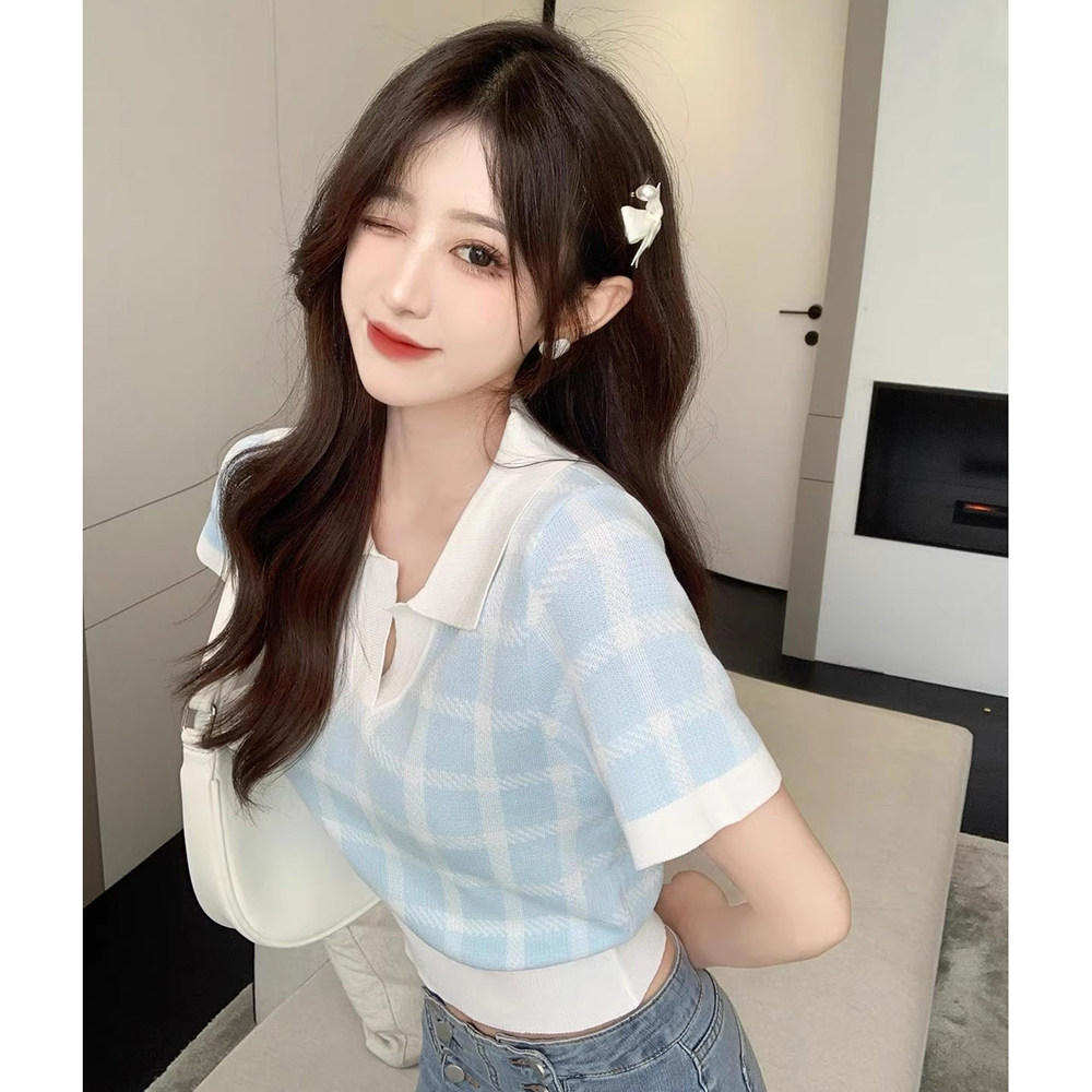 纯欲风polo针织衫短款高腰别致上衣女夏季设计感小众短袖t恤ins潮