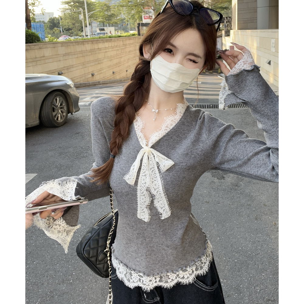 v领蕾丝蝴蝶结喇叭袖针织衫女春气质内搭打底毛衣高级感修身上衣