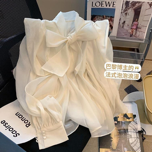 蝴蝶结衬衫女春秋薄款胖mm特大码2-300斤宽松法式洋气雪纺衫衬衣