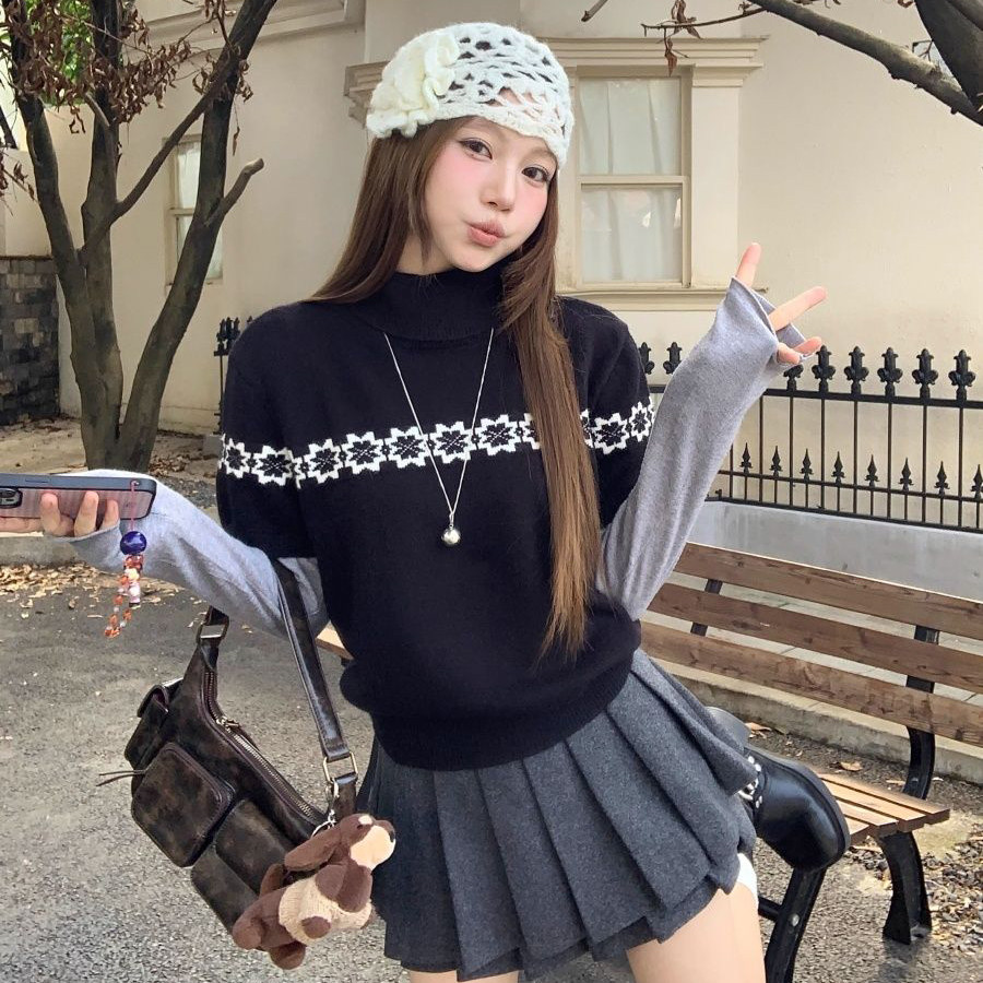 黑色高领正肩短袖针织衫女装慵懒风显瘦巨好看的早秋穿搭毛衣上衣