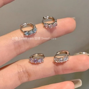 双耳洞彩色锆石耳圈钛钢养耳洞闪钻耳扣精致叠戴素圈耳钉耳环耳饰