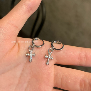 巴洛克十字架吊坠耳圈耳钉复古中古ins风耳扣小众设计感锆石耳环