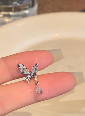 蝴蝶医用钛钢耳骨钉镶钻流苏水滴养耳洞平底拧螺丝锆石爆闪耳钉