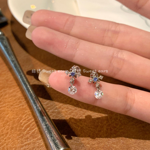 四芒星十字架耳骨钉水滴锆石吊坠钛钢螺丝不掉色小众独特蓝色耳钉