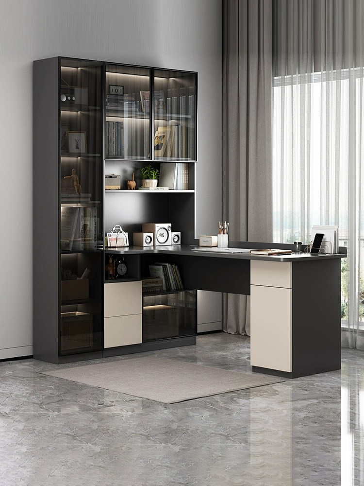转角书桌书架一体实木电脑桌家用学习桌带书柜组合定制玻璃门书桌