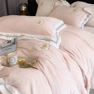 法式 加厚双面珊瑚绒冬季 床上用品 高端公主风粉色牛奶绒四件套冬款