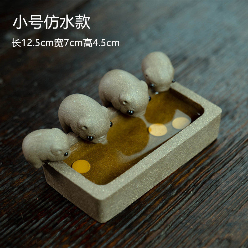 紫砂猪槽四小猪喝水茶宠十二生肖猪 丰衣足食 仿真送紫砂币花生