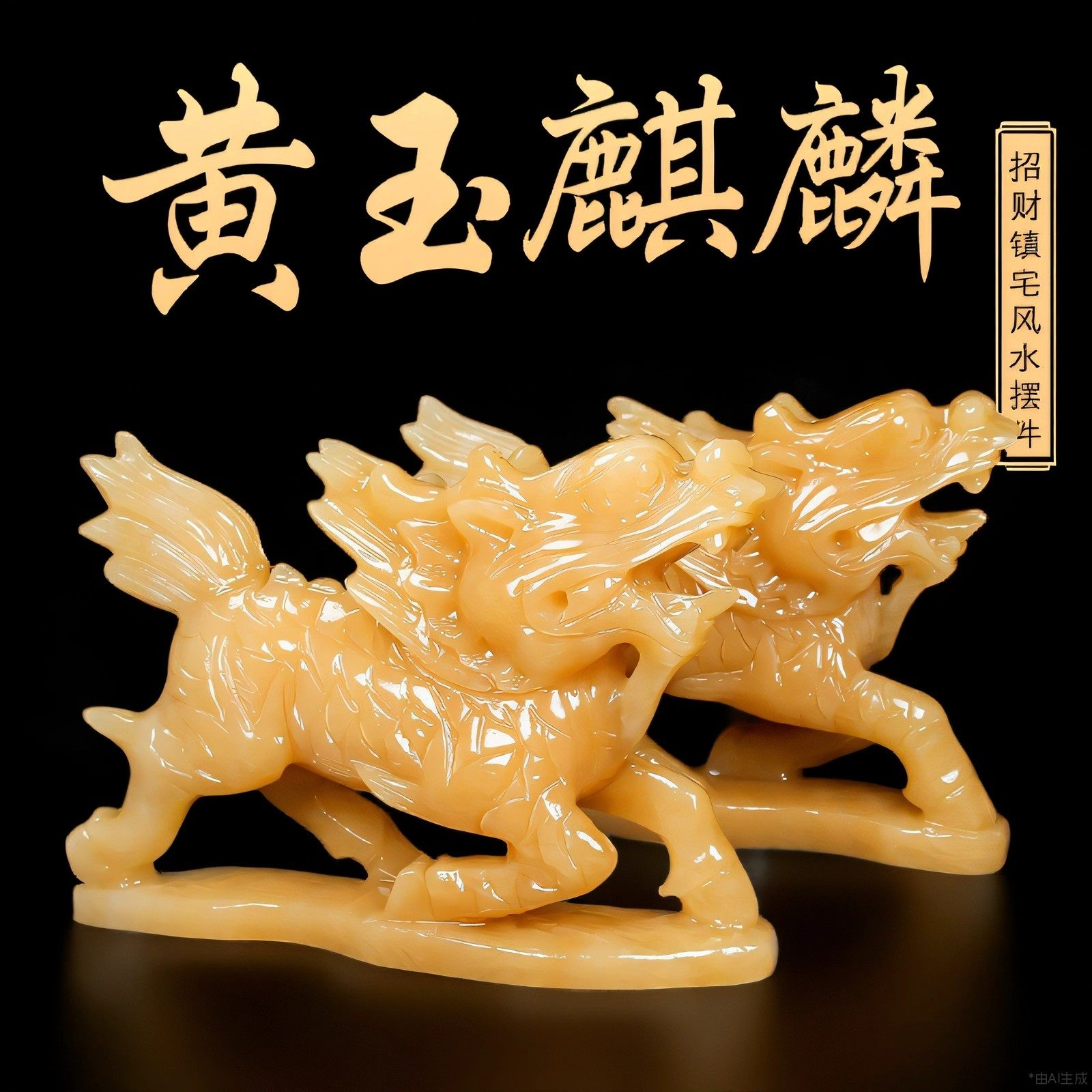 天然黄玉石材质麒麟摆件一对客厅卧室家居玉器乔迁店铺开业貔貅