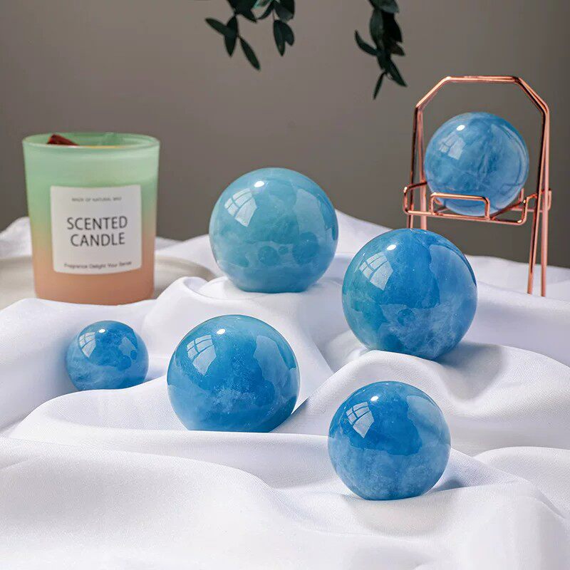 天然海蓝宝水晶球摆件客厅书房公司玄关原石打磨开业乔迁生日礼品