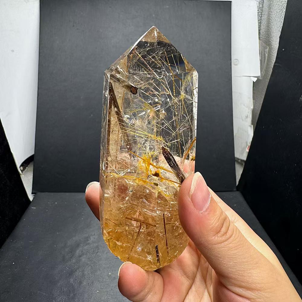 发晶柱摆件 天然水晶原石打磨 茶色晶体 晶体透 单尖柱 铜条发