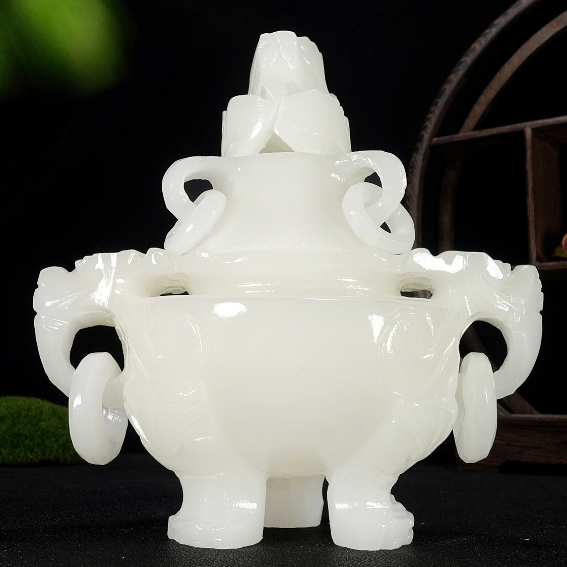 天然阿富汗白玉香炉仿古熏香炉镂空雕刻三足玉鼎桌面玄关装饰摆件