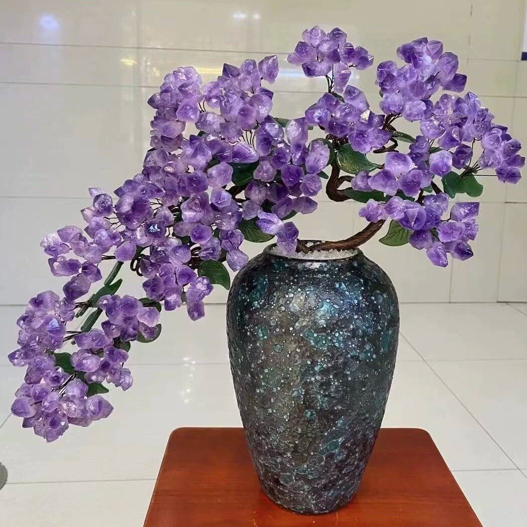 天然紫水晶发财树招财摆件花瓶家居客厅桌面摆饰公司别墅开业礼品