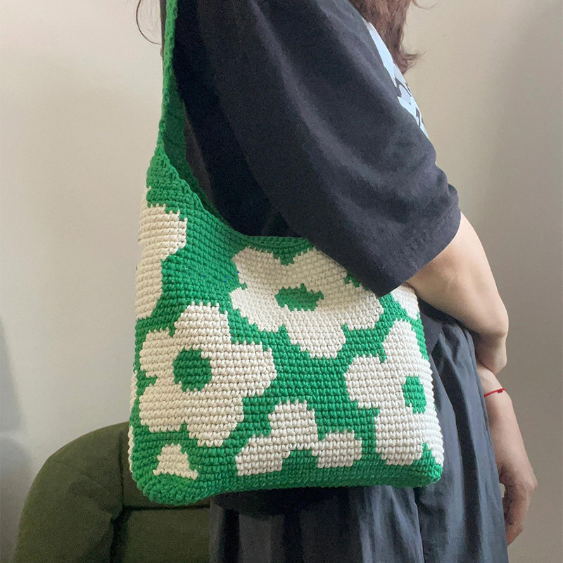 小清新绿色单肩花包钩针编织手作自制毛线钩织送友手工DIY材料包